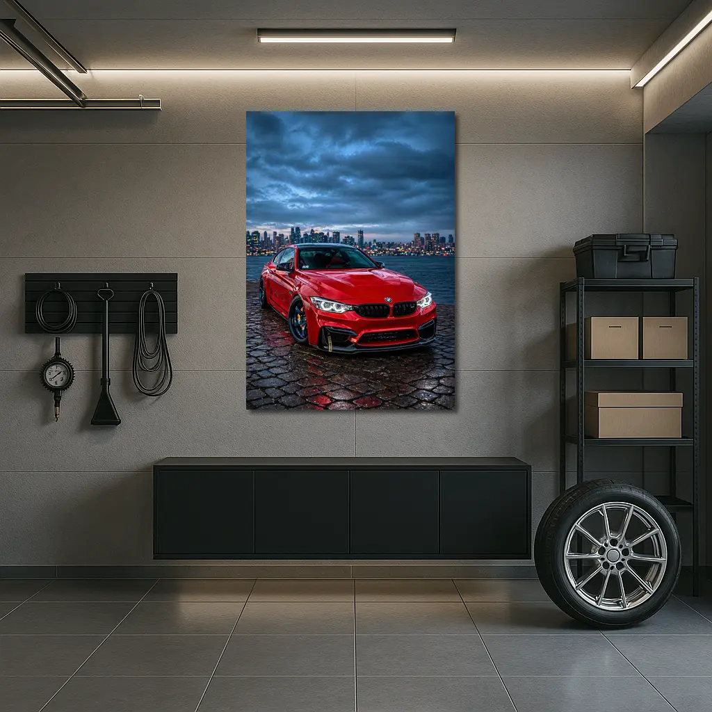 Red BMW M4 City Skyline Dusk – Wall Art