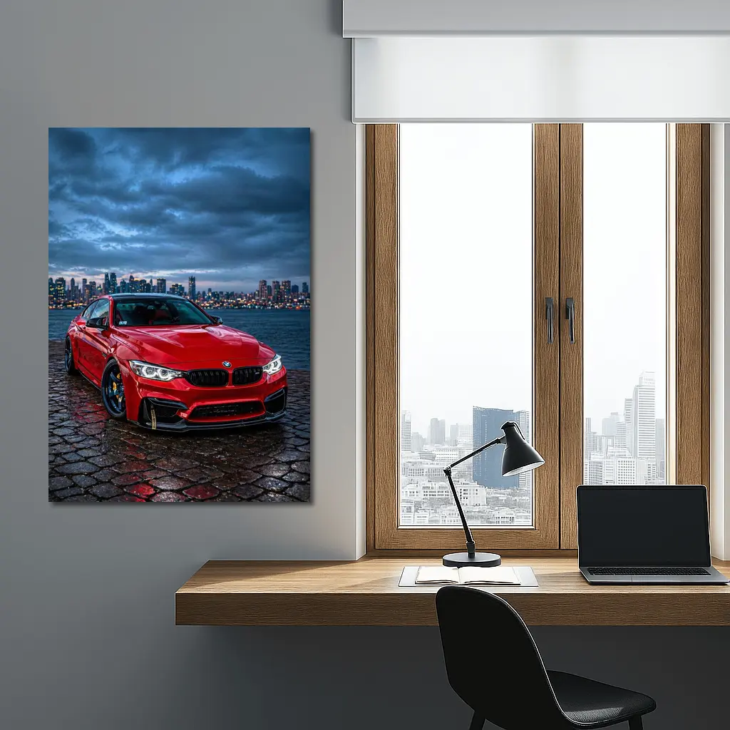 Red BMW M4 City Skyline Dusk – Wall Art