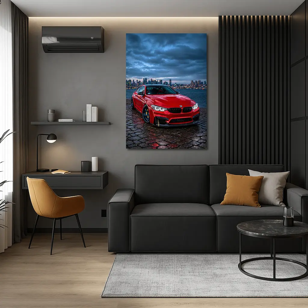 Red BMW M4 City Skyline Dusk – Wall Art