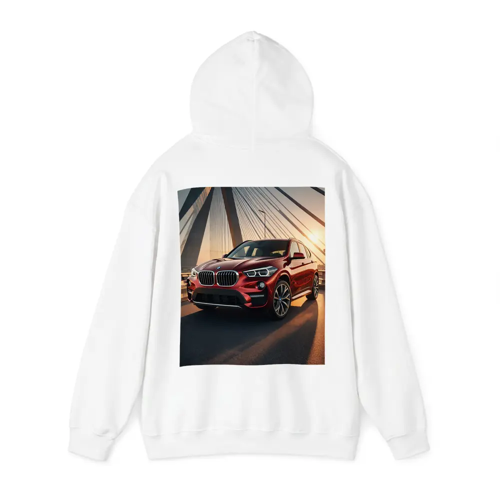 Red BMW X1 on Bridge at Sunset – Hoodies
