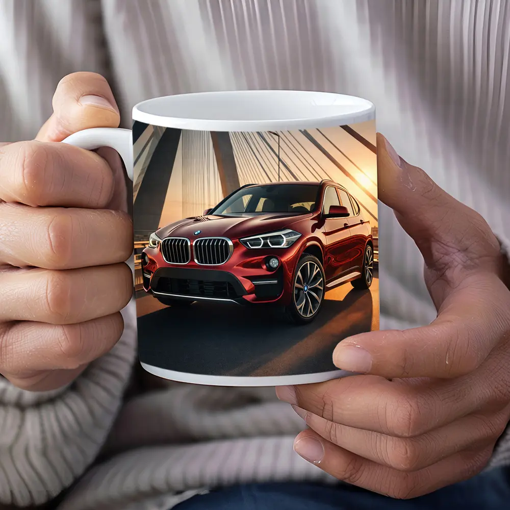 Red BMW X1 on Bridge at Sunset – Mugs