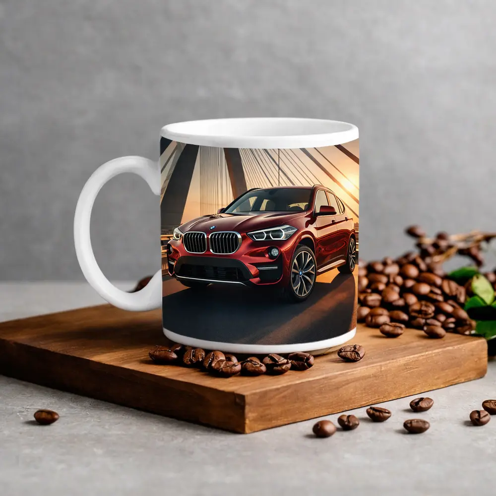 Red BMW X1 on Bridge at Sunset – Mugs