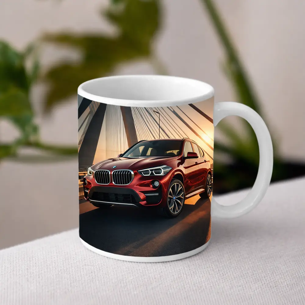Red BMW X1 on Bridge at Sunset – Mugs