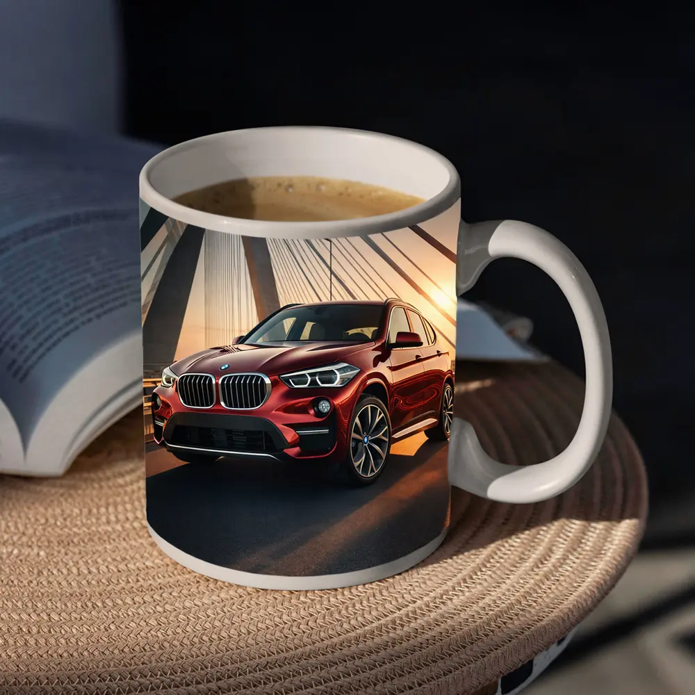 Red BMW X1 on Bridge at Sunset – Mugs