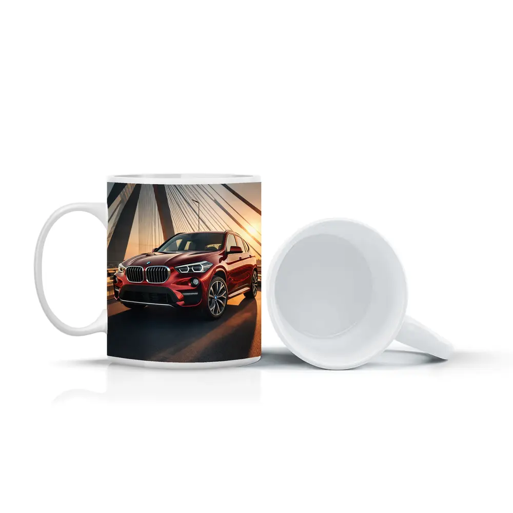Red BMW X1 on Bridge at Sunset – Mugs