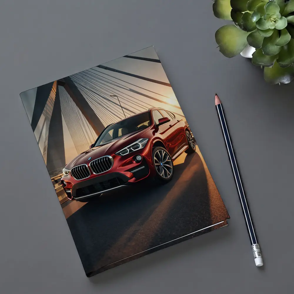 Red BMW X1 on Bridge at Sunset – Notebooks