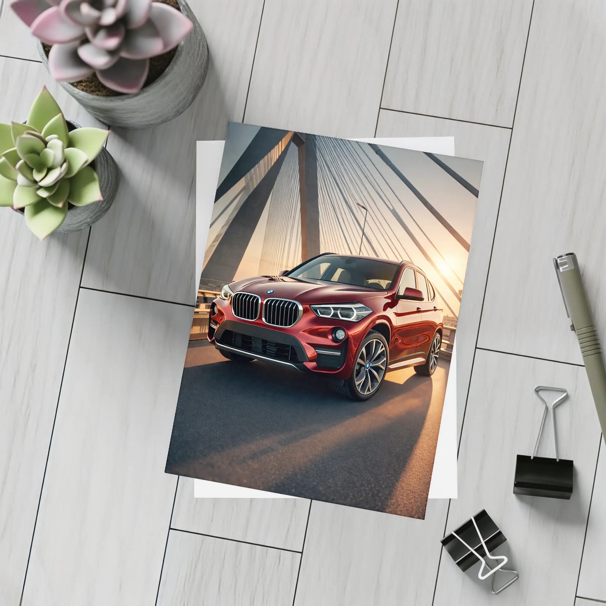 Red BMW X1 on Bridge at Sunset – Postcards