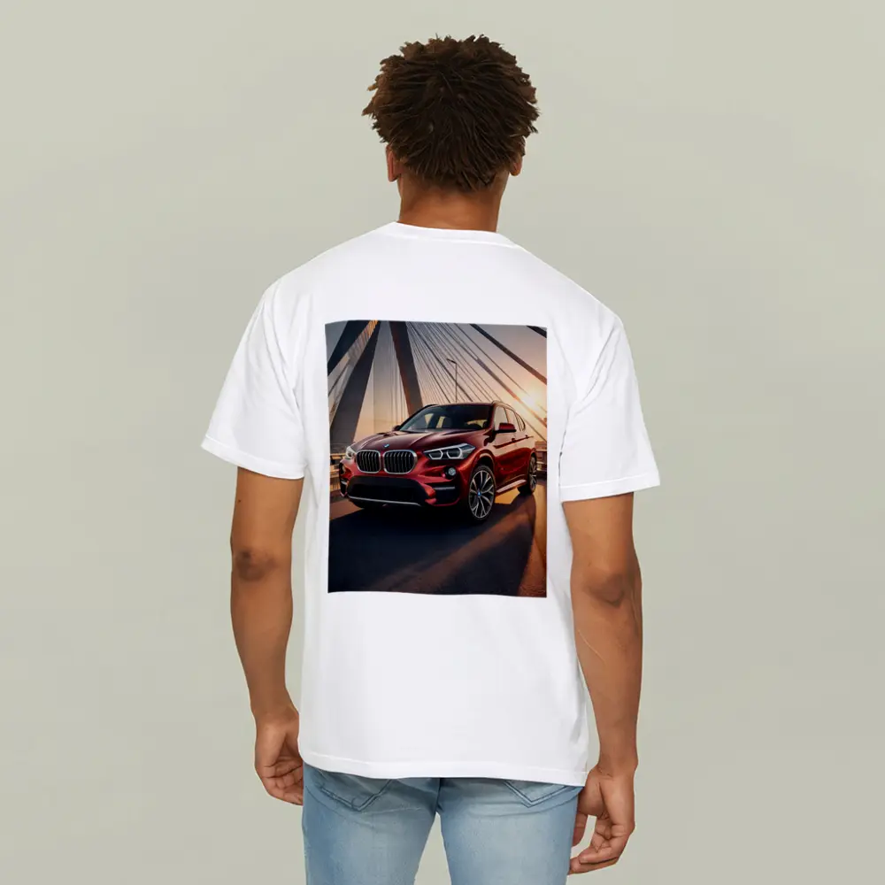 Red BMW X1 on Bridge at Sunset – T-Shirts