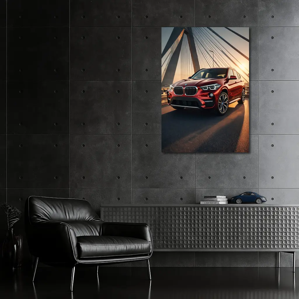Red BMW X1 on Bridge at Sunset – Wall Art
