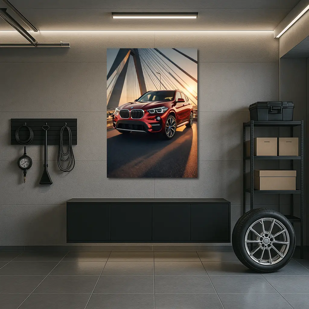 Red BMW X1 on Bridge at Sunset – Wall Art