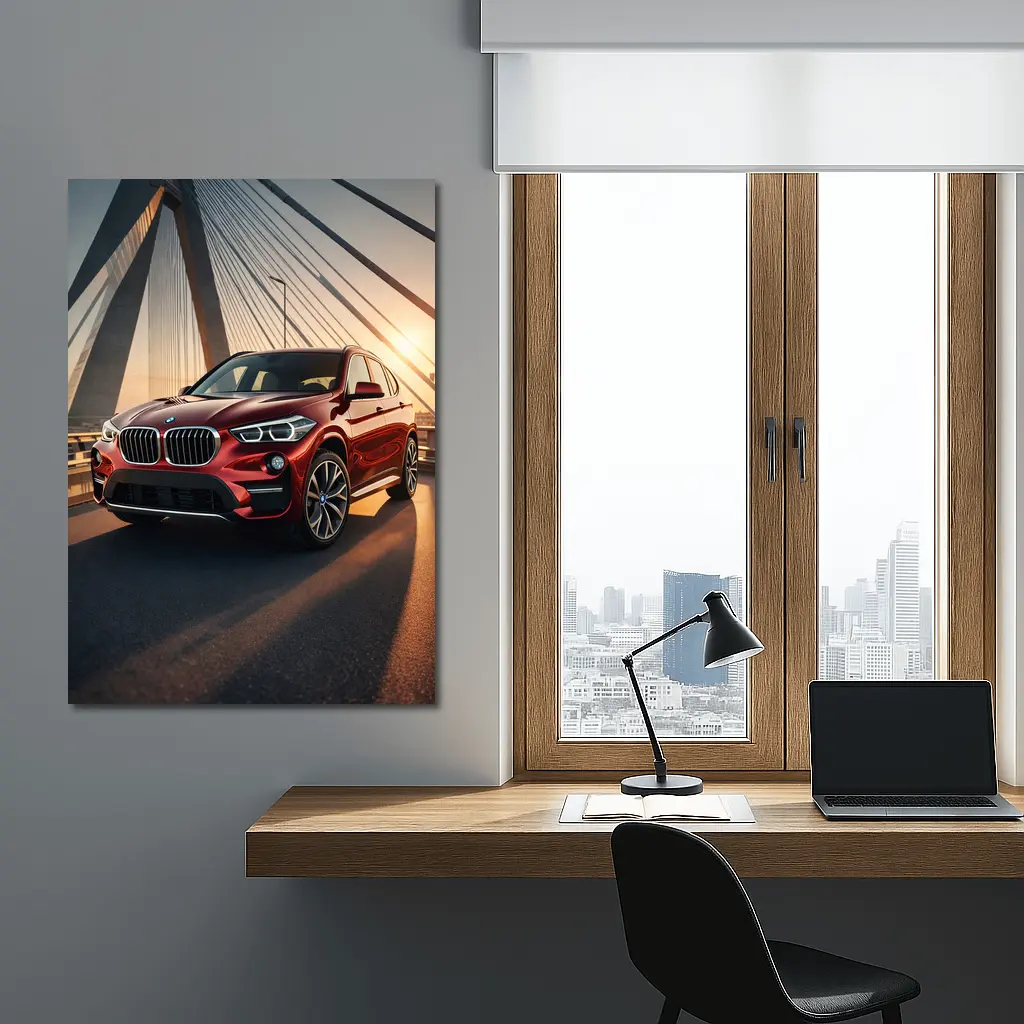 Red BMW X1 on Bridge at Sunset – Wall Art