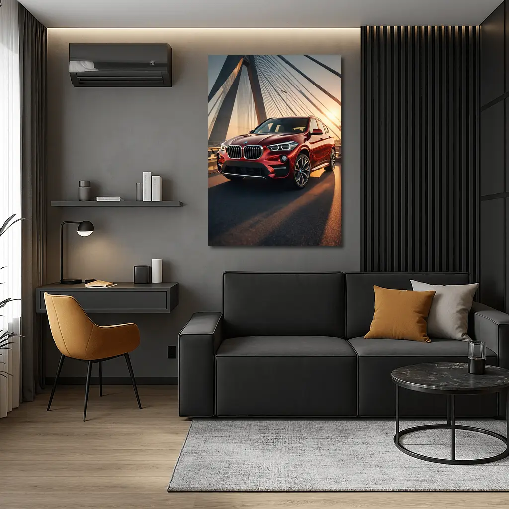 Red BMW X1 on Bridge at Sunset – Wall Art