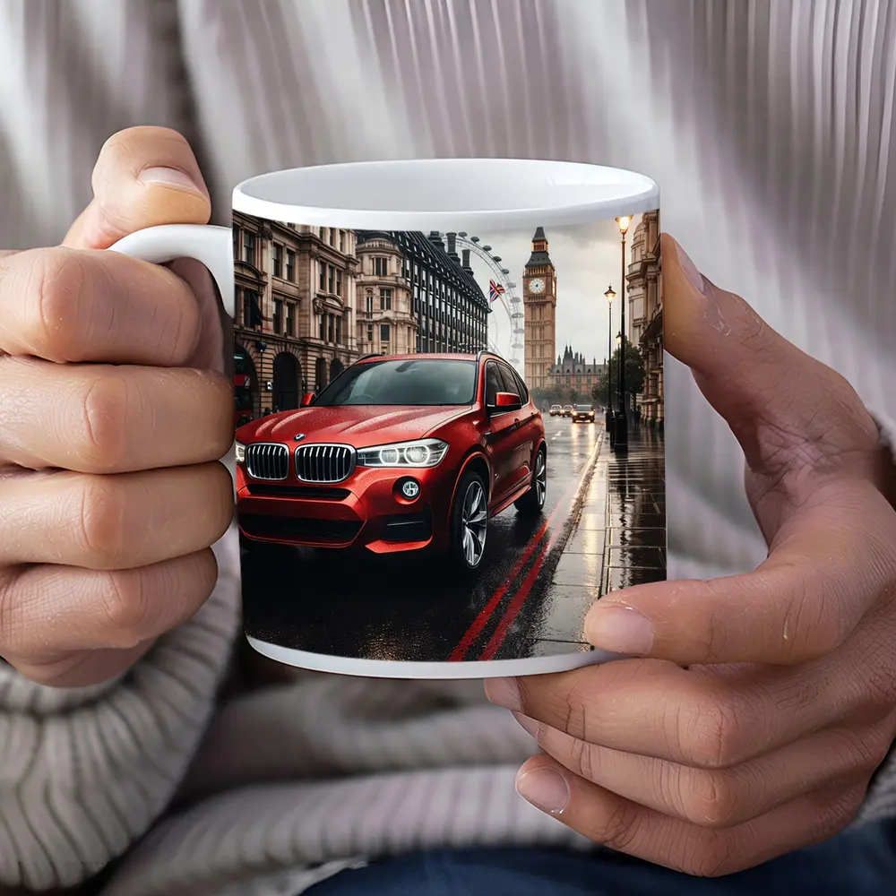 Red BMW X3 Rainy London Streets – Mugs