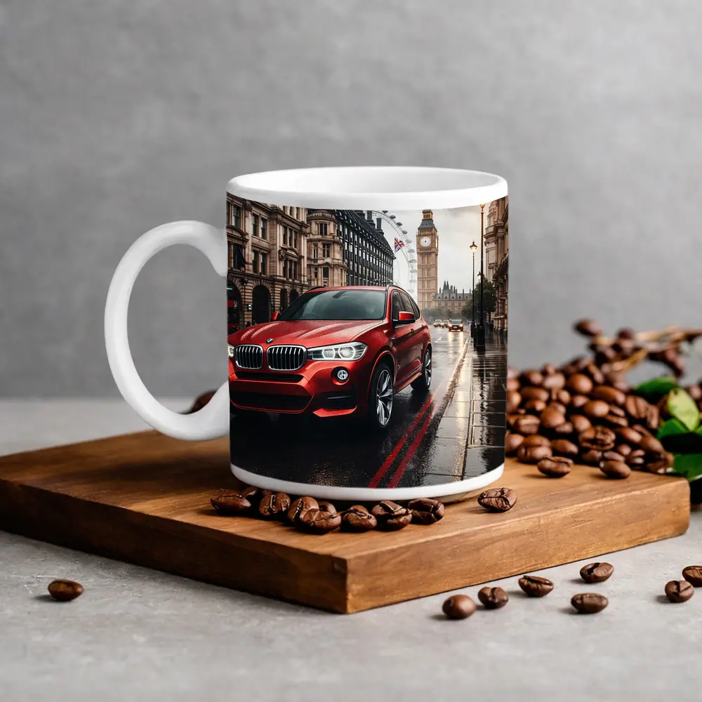 Red BMW X3 Rainy London Streets – Mugs