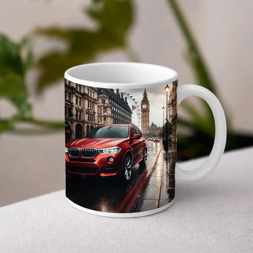 Red BMW X3 Rainy London Streets – Mugs