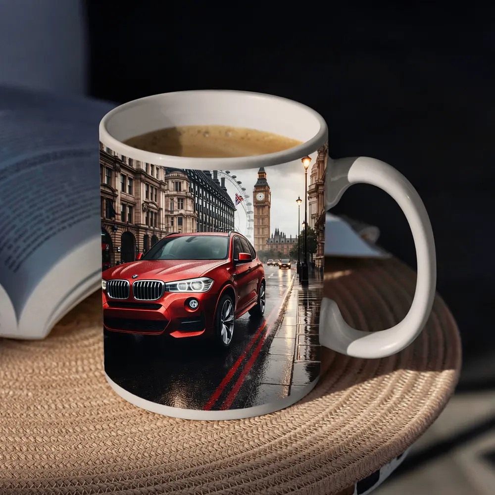 Red BMW X3 Rainy London Streets – Mugs