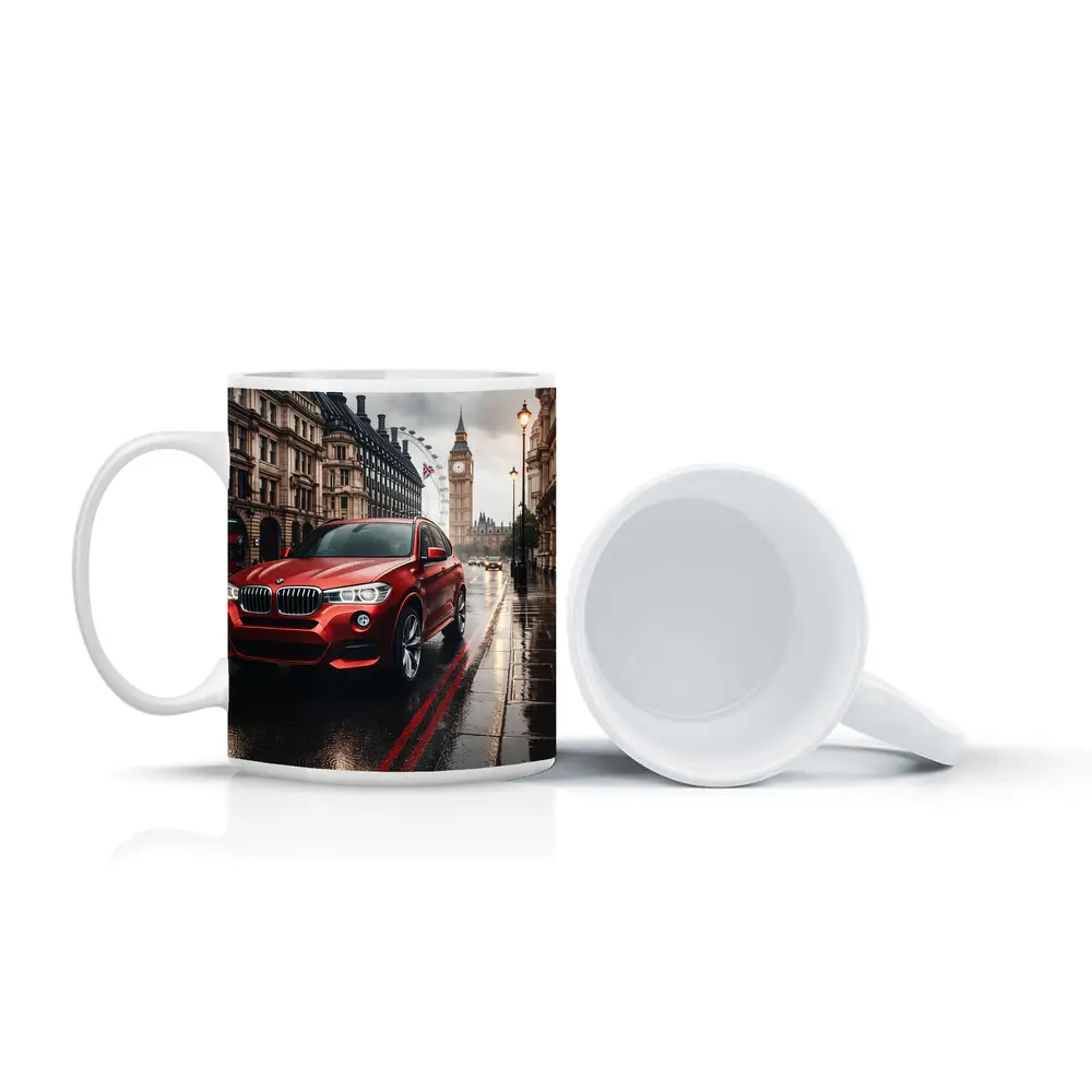 Red BMW X3 Rainy London Streets – Mugs