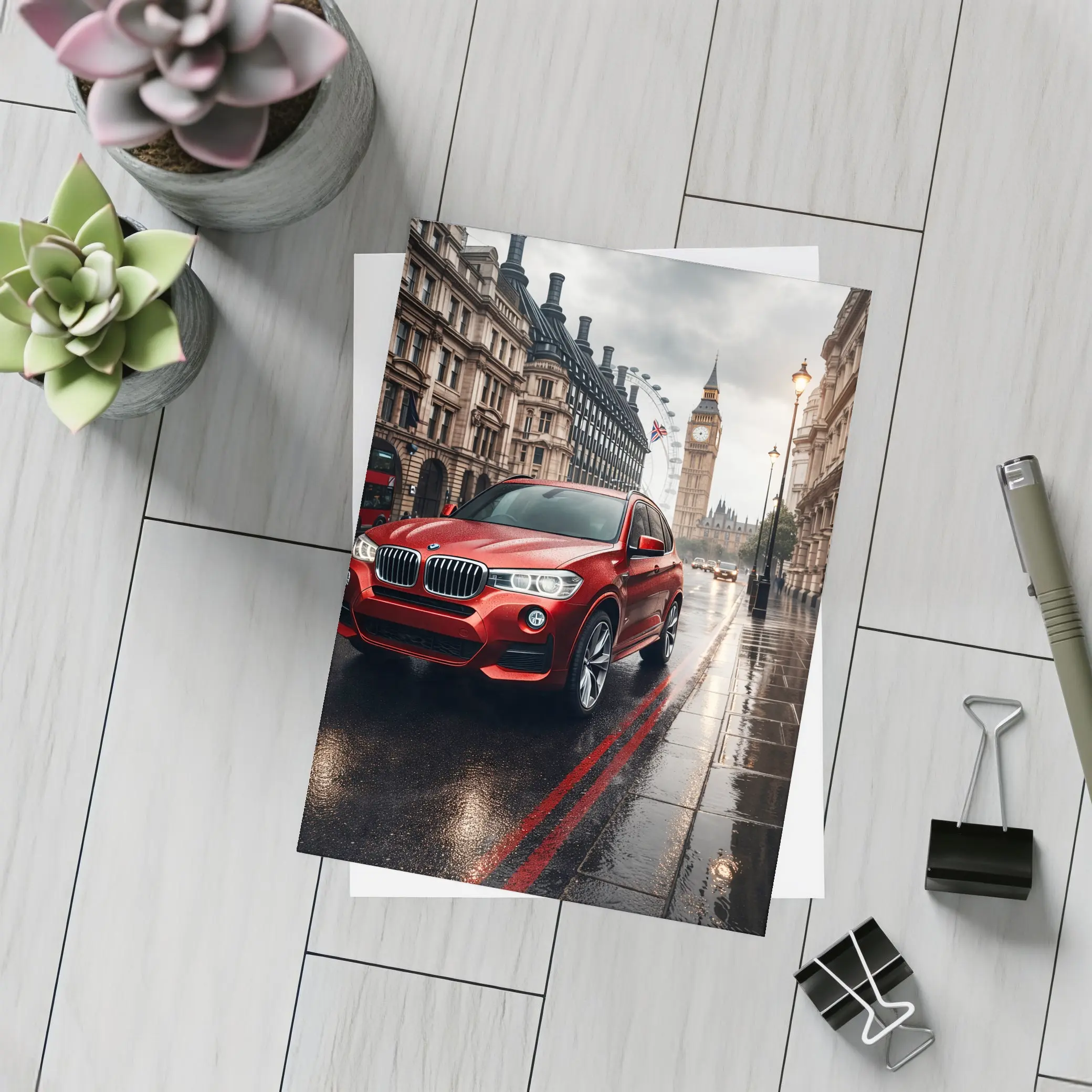 Red BMW X3 Rainy London Streets – Postcards
