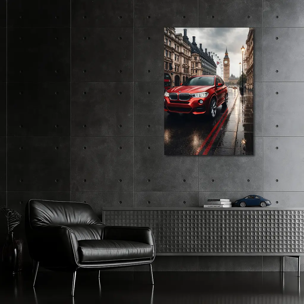 Red BMW X3 Rainy London Streets – Wall Art