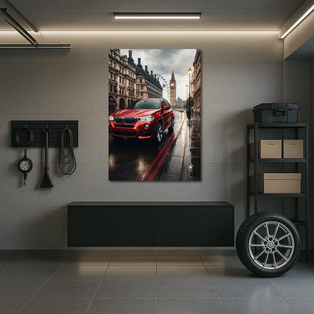 Red BMW X3 Rainy London Streets – Wall Art