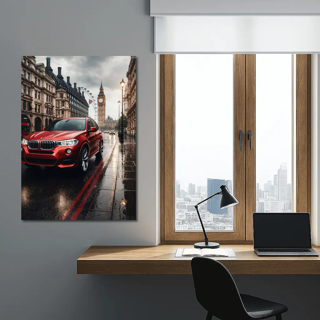 Red BMW X3 Rainy London Streets – Wall Art