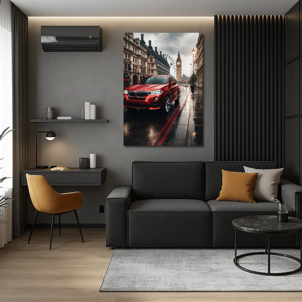 Red BMW X3 Rainy London Streets – Wall Art