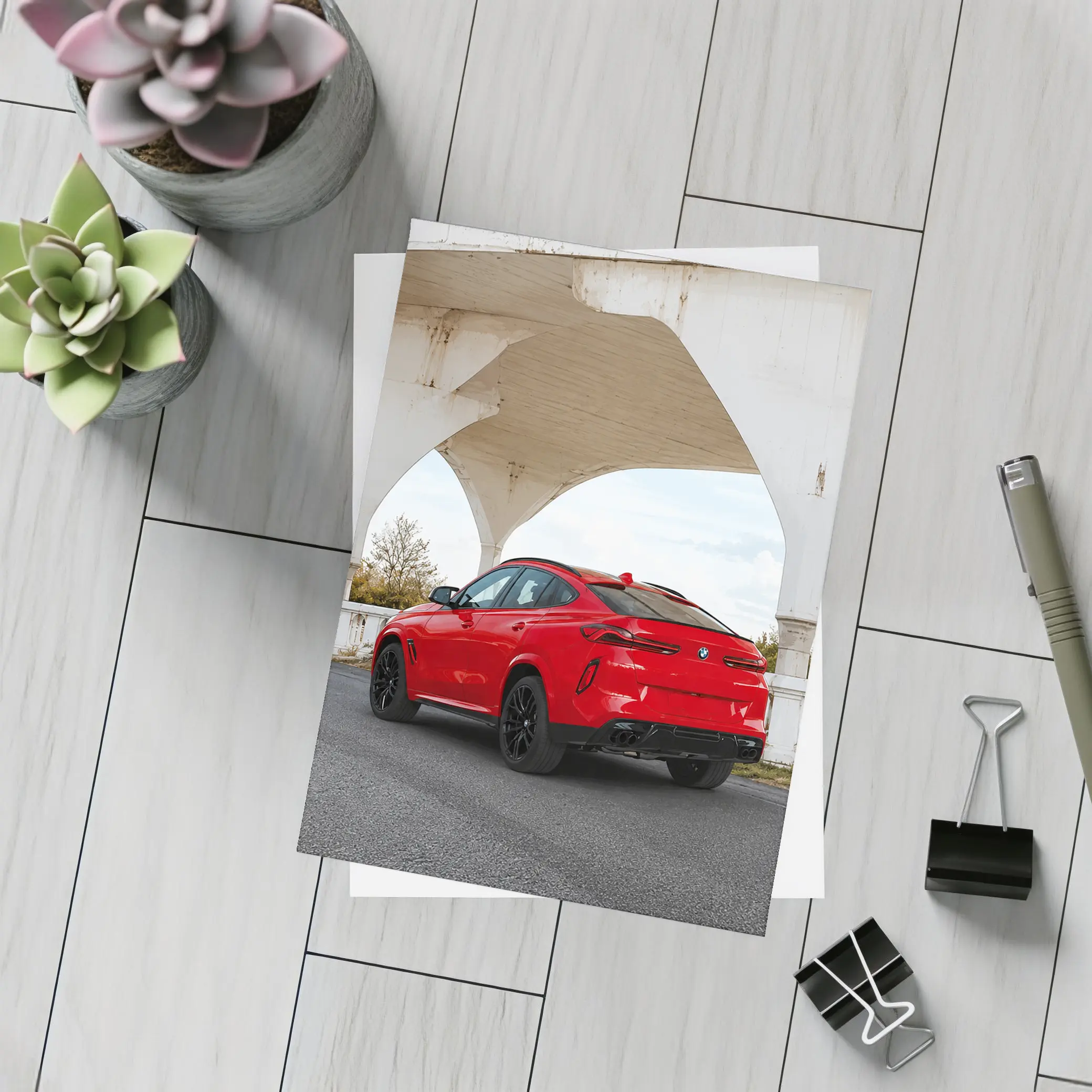 Red BMW X6M Under Concrete Bridge – Postcards