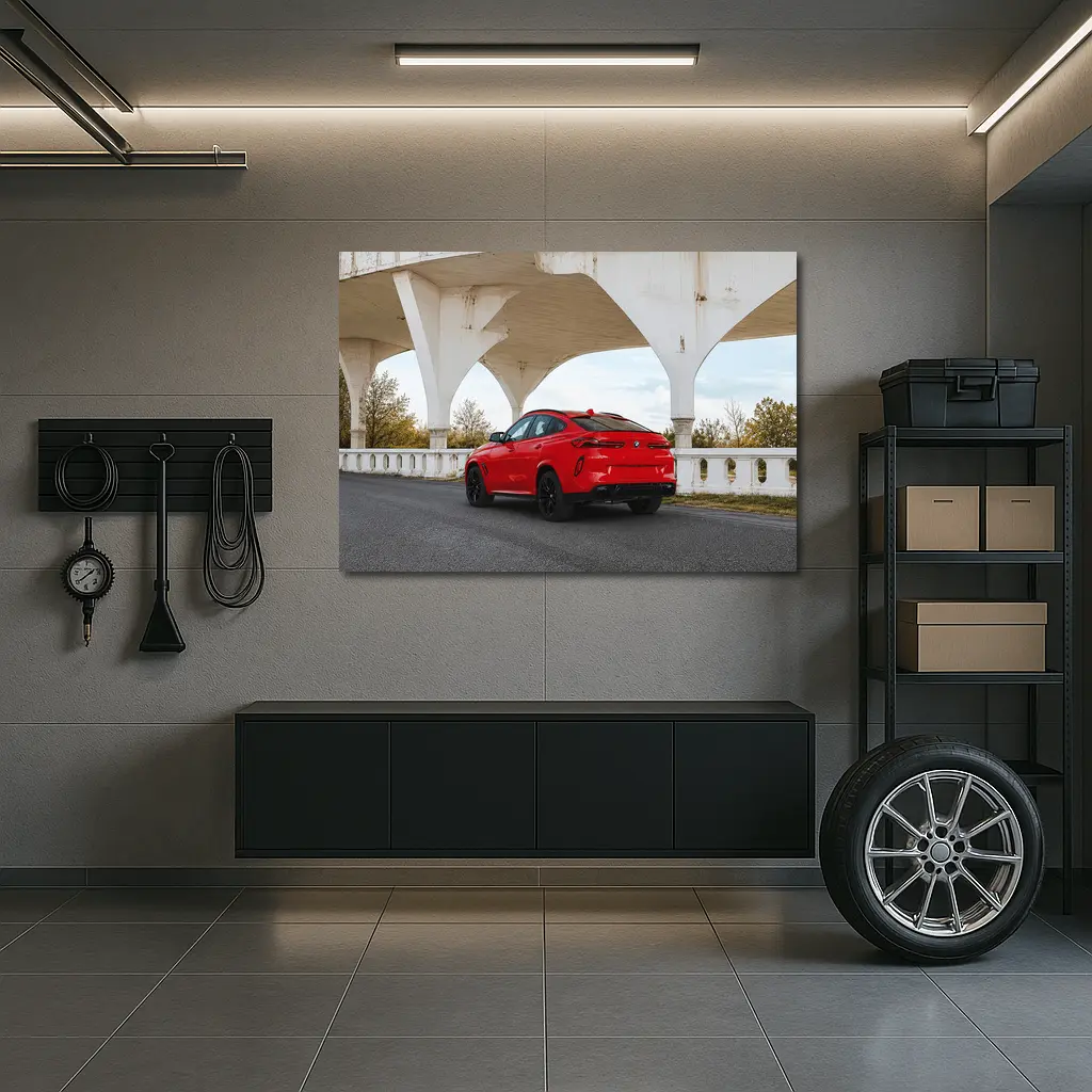 Red BMW X6M Under Concrete Bridge – Wall Art