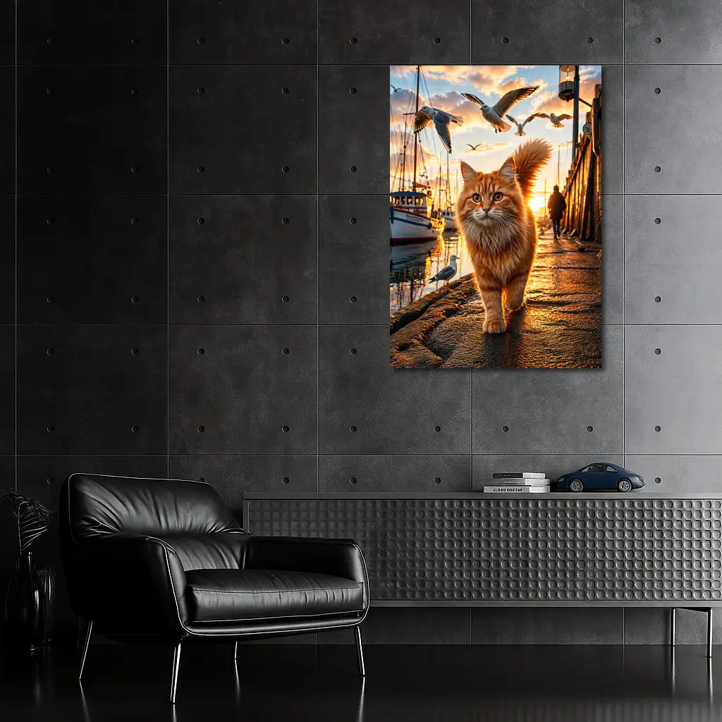 Orange Cat Walking Harbor Sunset Seagulls – Wall Art