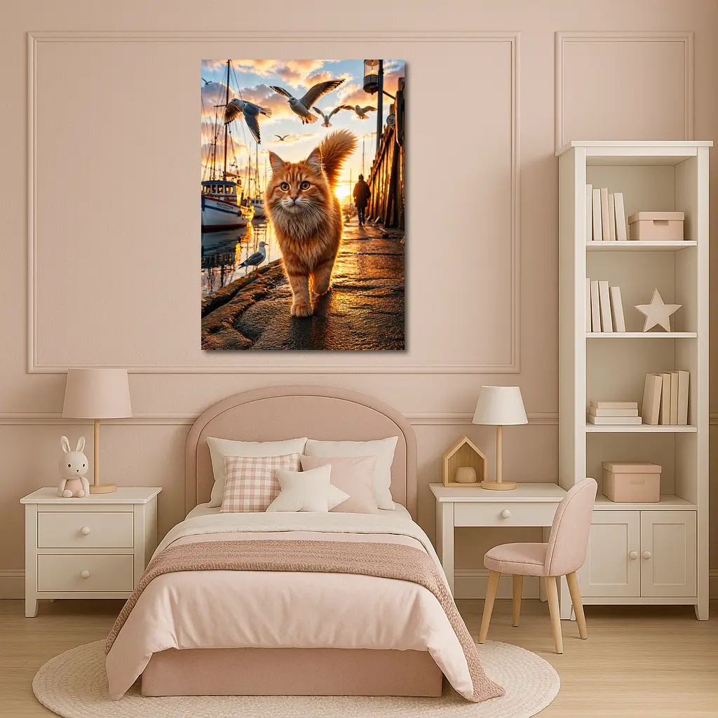 Orange Cat Walking Harbor Sunset Seagulls – Wall Art