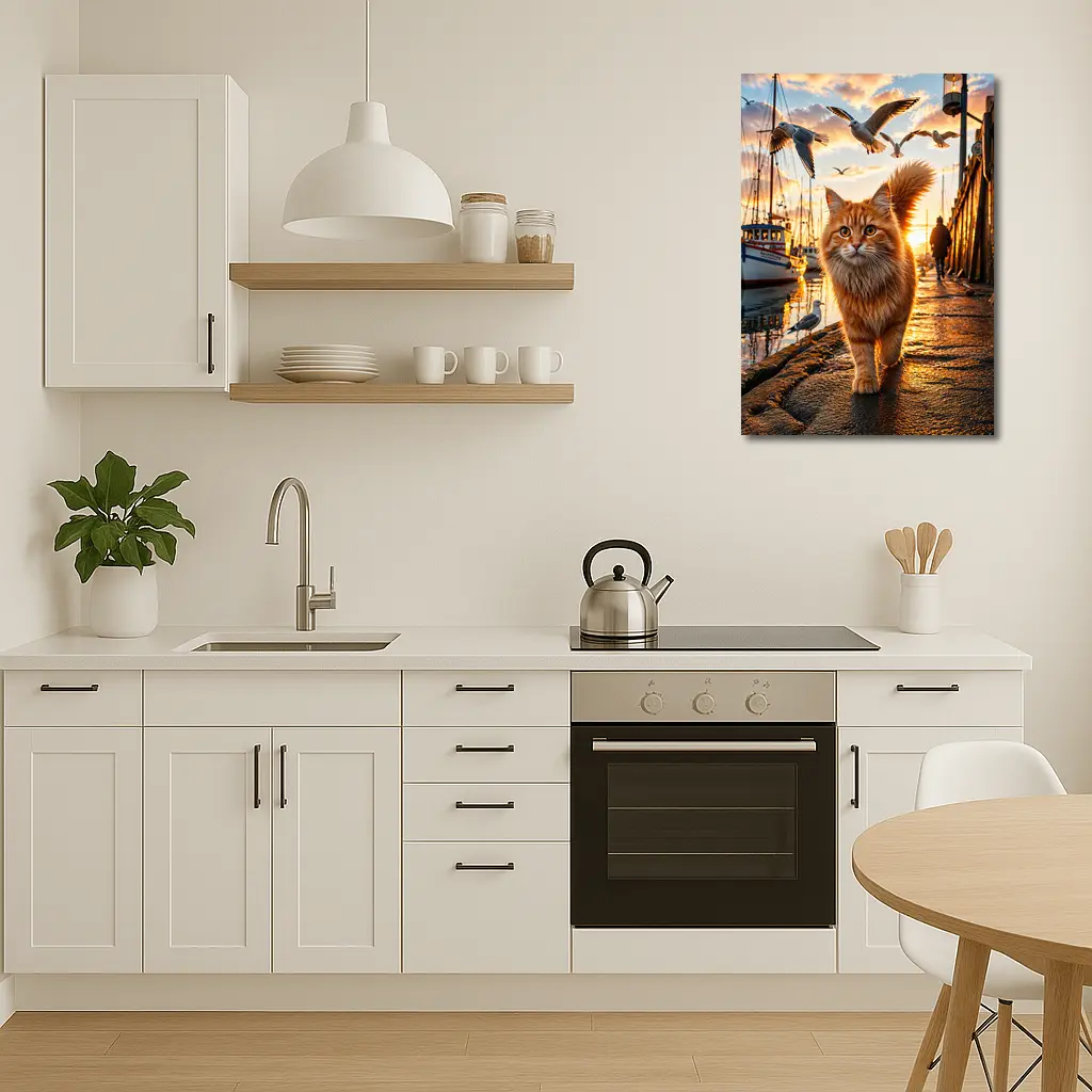 Orange Cat Walking Harbor Sunset Seagulls – Wall Art