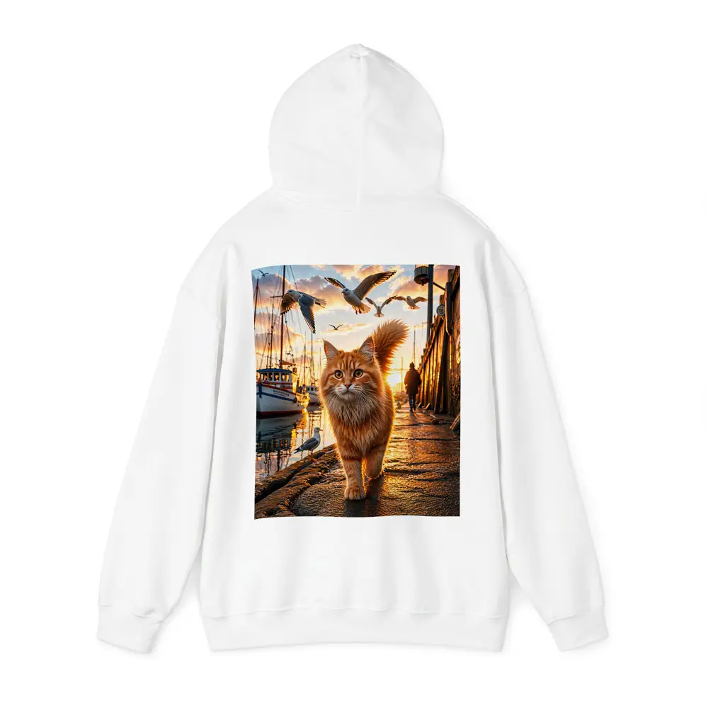Orange Cat Walking Harbor Sunset Seagulls – Hoodies