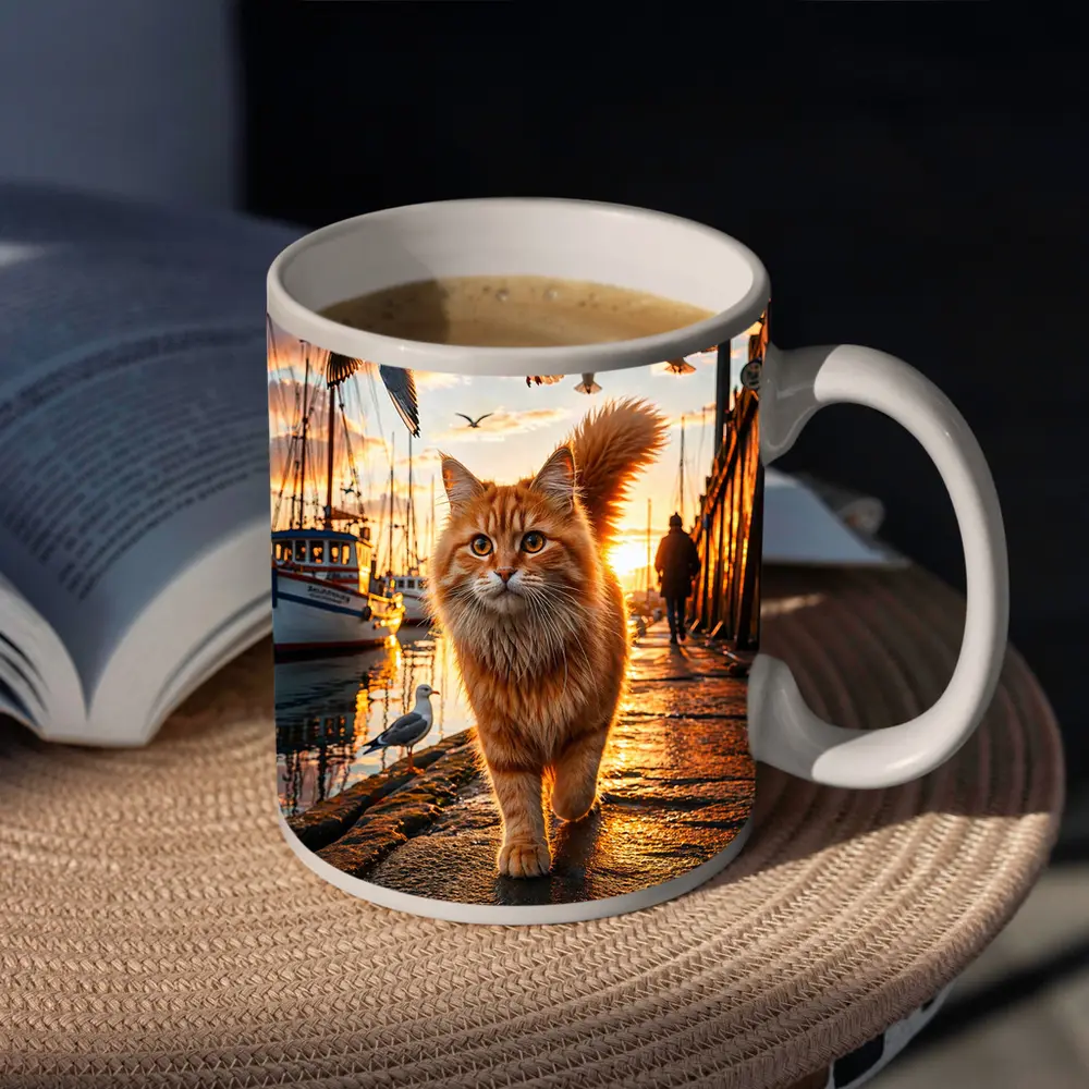 Orange Cat Walking Harbor Sunset Seagulls – Mugs