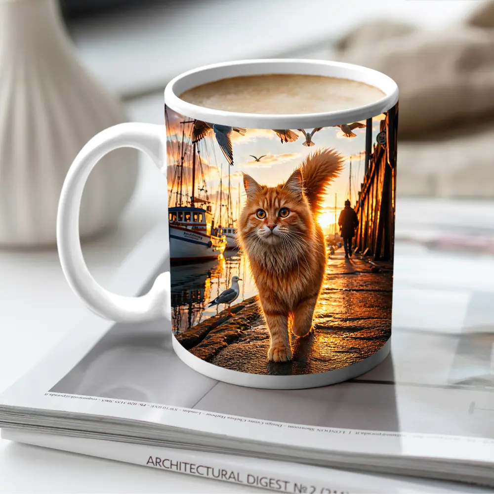 Orange Cat Walking Harbor Sunset Seagulls – Mugs