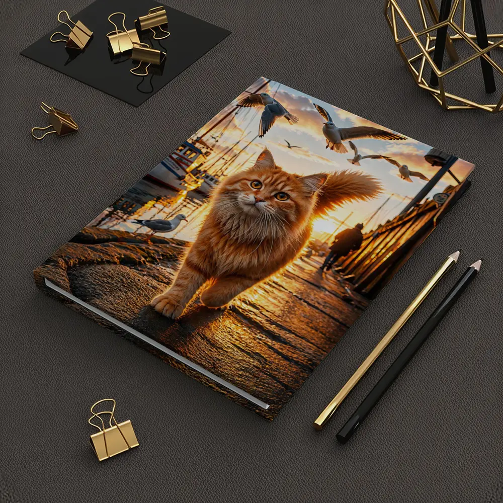 Orange Cat Walking Harbor Sunset Seagulls – Notebooks