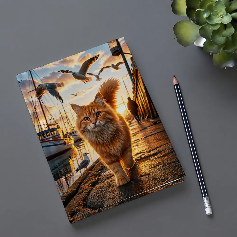 Orange Cat Walking Harbor Sunset Seagulls – Notebooks