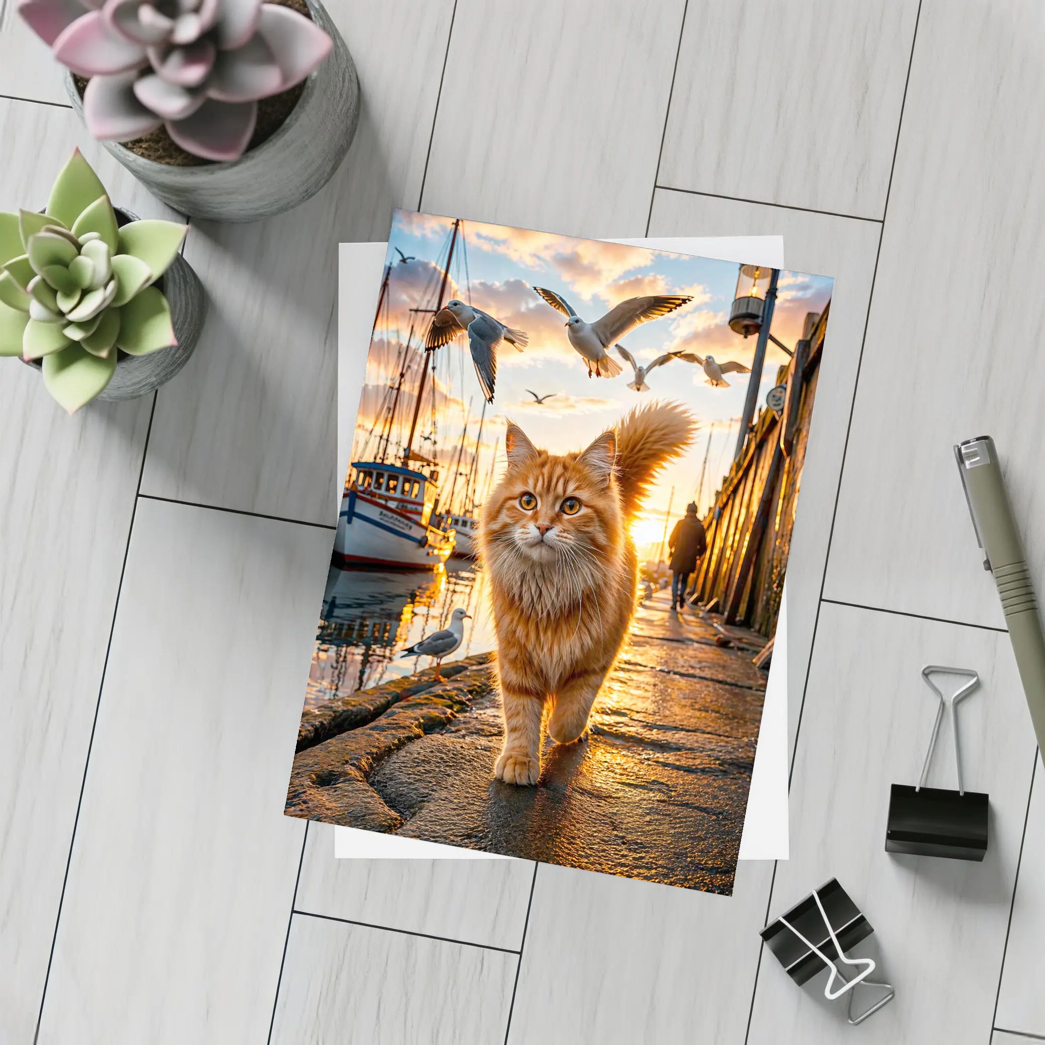 Orange Cat Walking Harbor Sunset Seagulls – Postcards