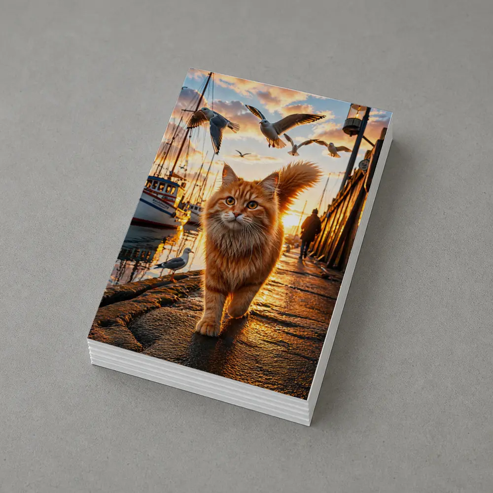 Orange Cat Walking Harbor Sunset Seagulls – Postcards