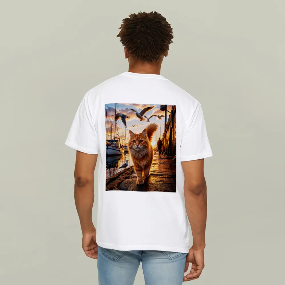 Orange Cat Walking Harbor Sunset Seagulls – T-Shirts