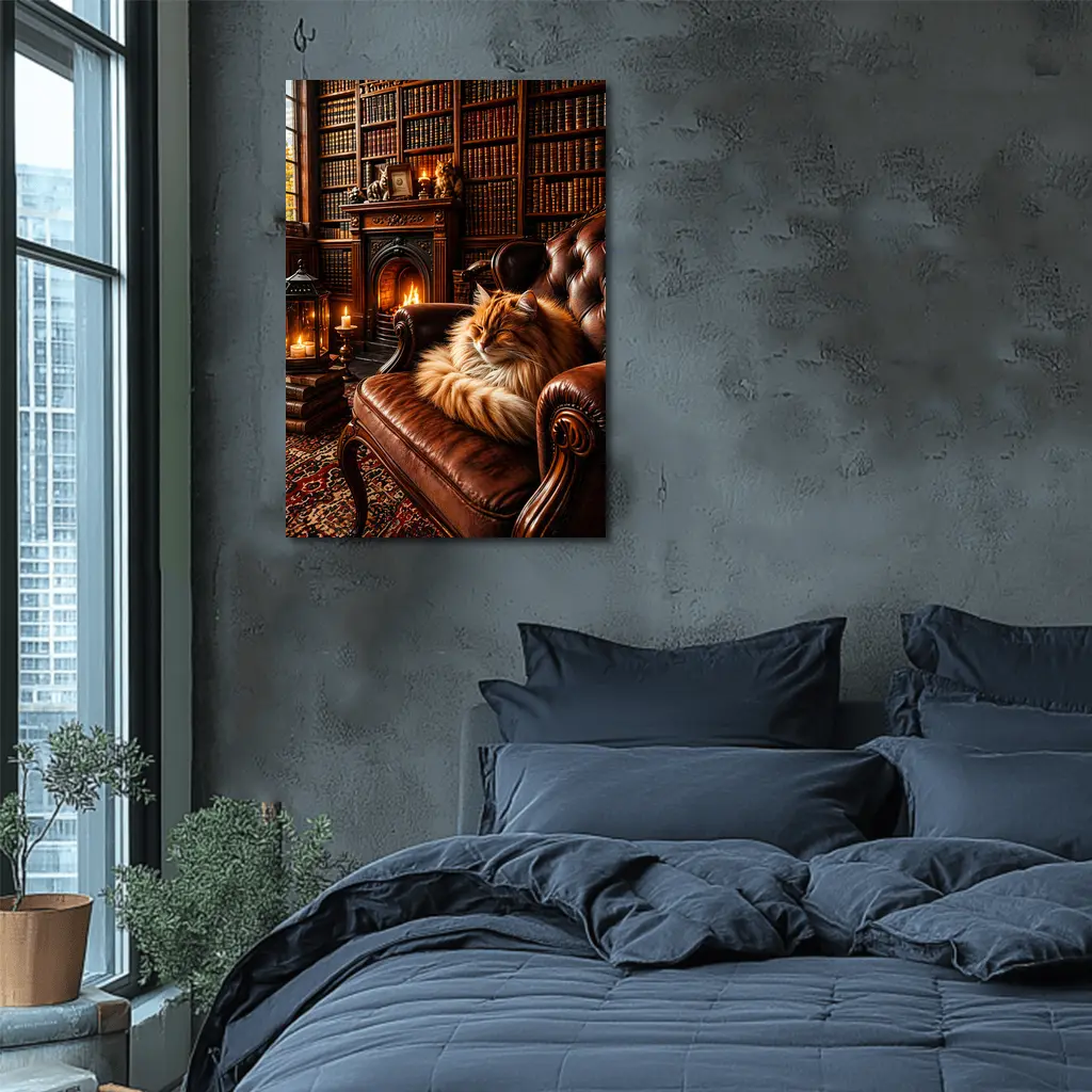 Fluffy Cat Sleeping in Cozy Library – Wall Art