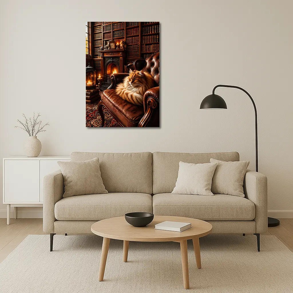Fluffy Cat Sleeping in Cozy Library – Wall Art