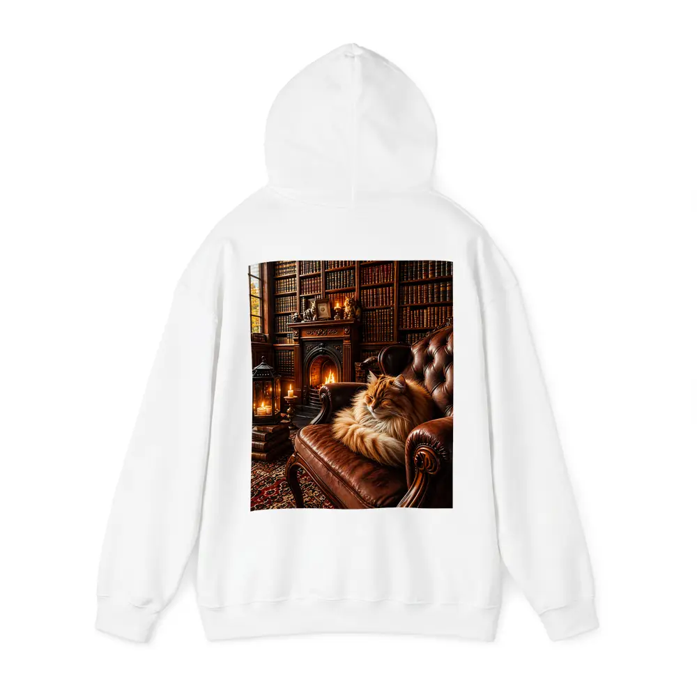Fluffy Cat Sleeping in Cozy Library – Hoodies