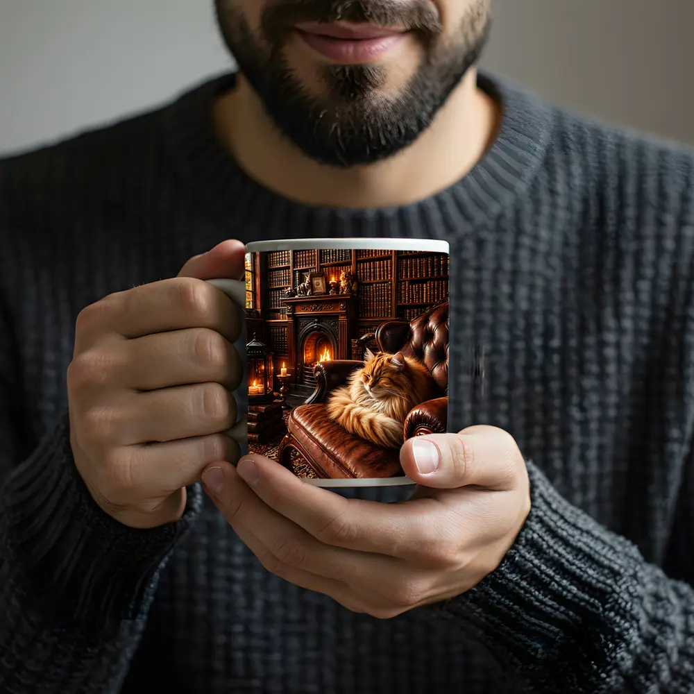 Fluffy Cat Sleeping in Cozy Library – Mugs