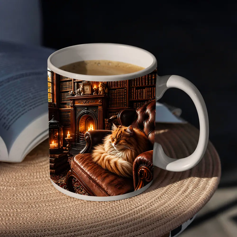 Fluffy Cat Sleeping in Cozy Library – Mugs