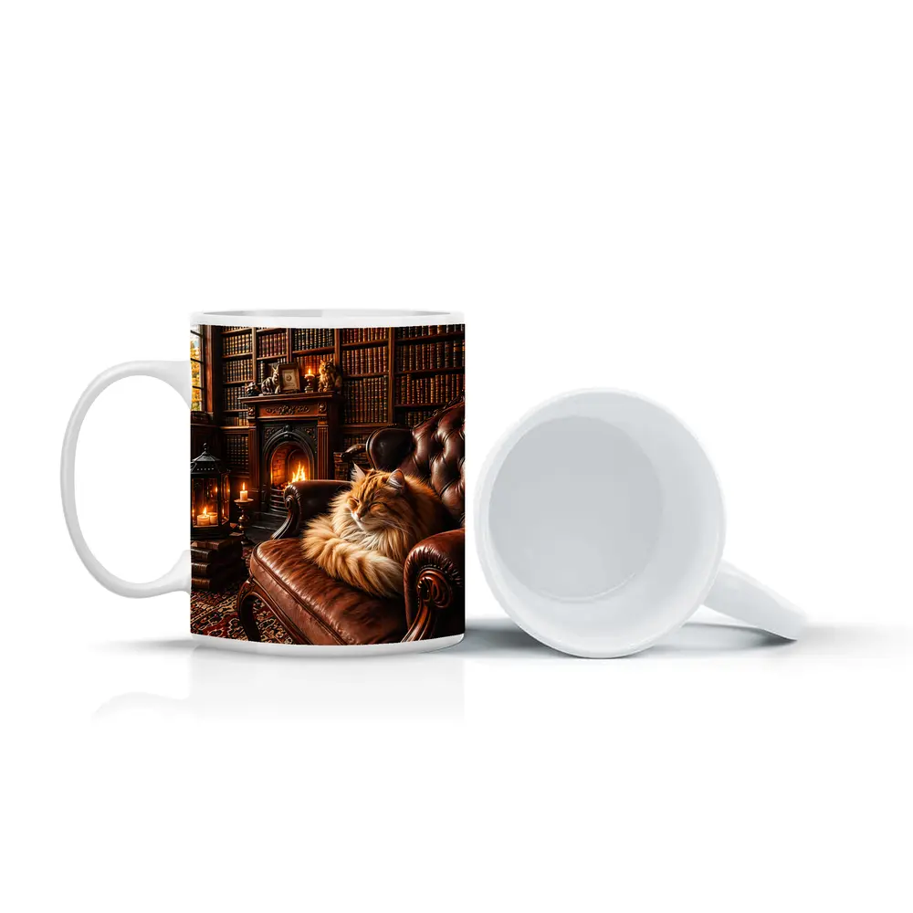 Fluffy Cat Sleeping in Cozy Library – Mugs