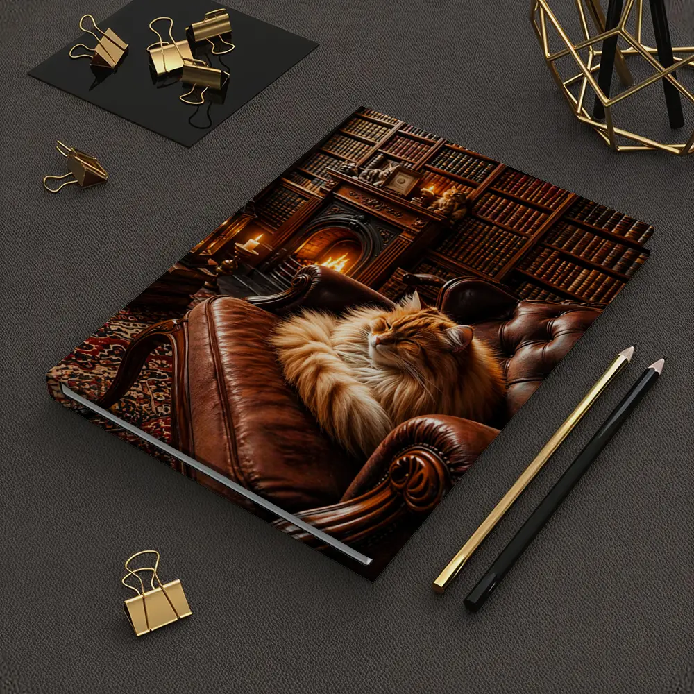 Fluffy Cat Sleeping in Cozy Library – Notebooks