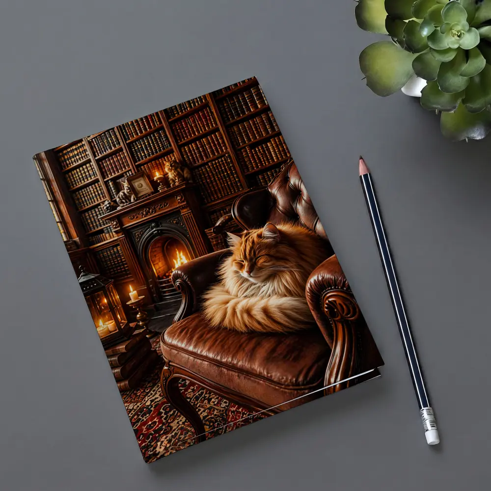 Fluffy Cat Sleeping in Cozy Library – Notebooks