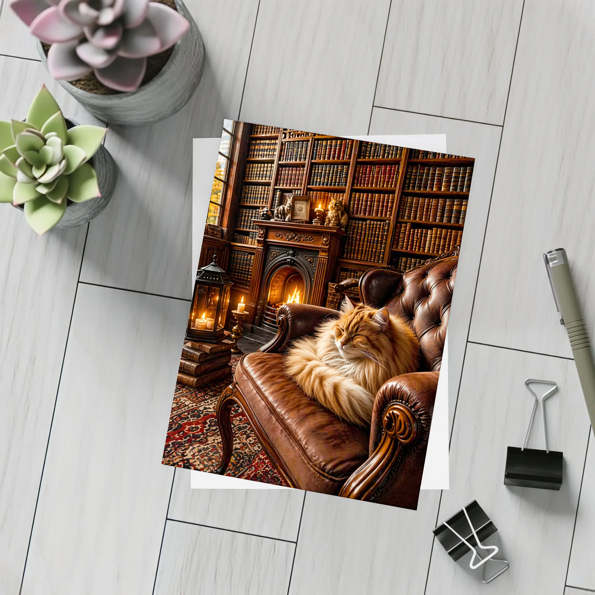 Fluffy Cat Sleeping in Cozy Library – Postcards