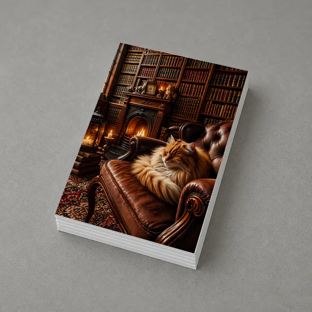 Fluffy Cat Sleeping in Cozy Library – Postcards
