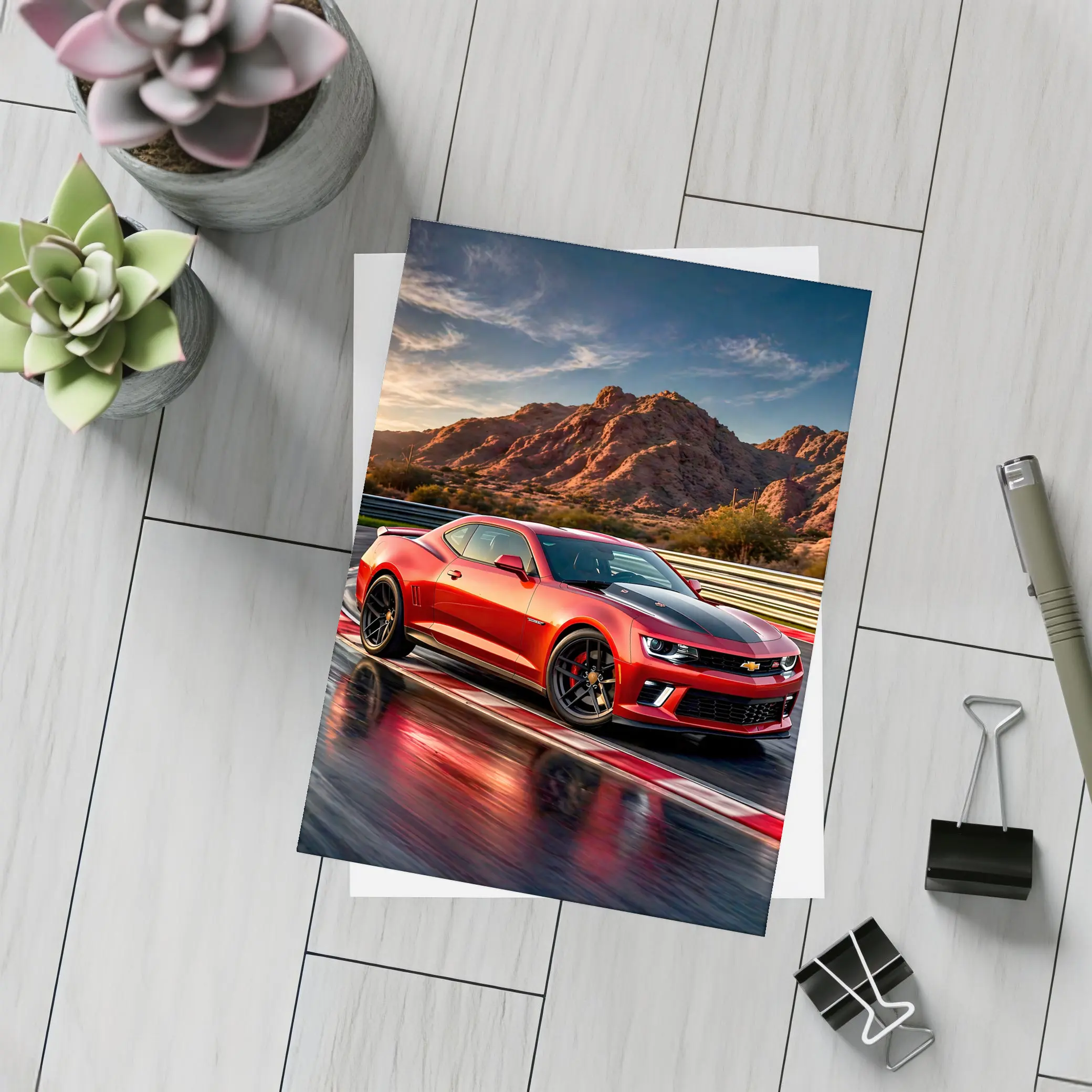 Chevrolet Camaro Red Race Track Desert Mountains – Postcards